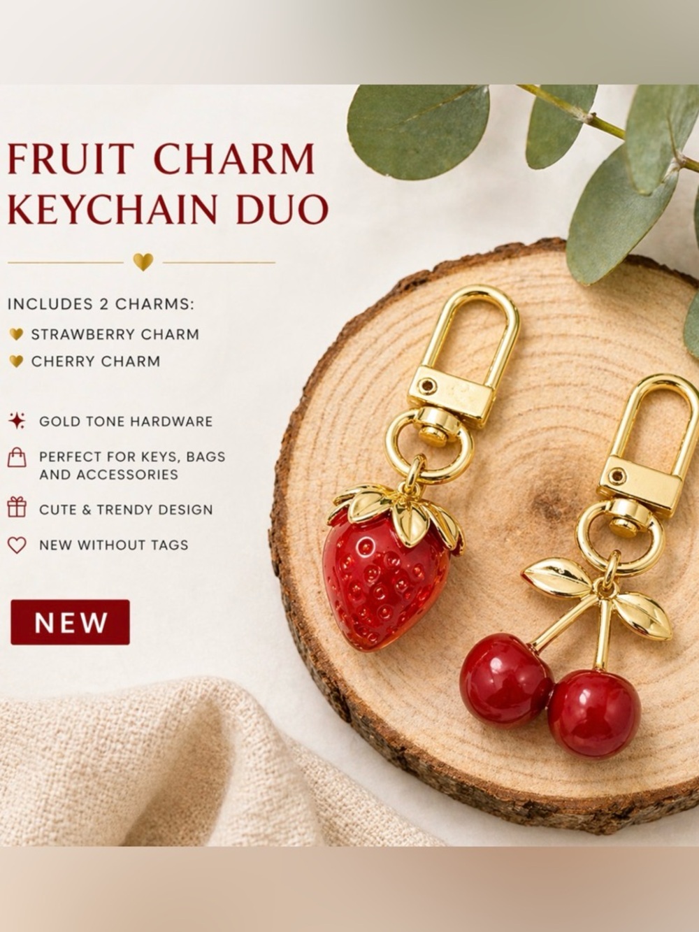 Strawberry & Cherry Tote Bag Charm Duo